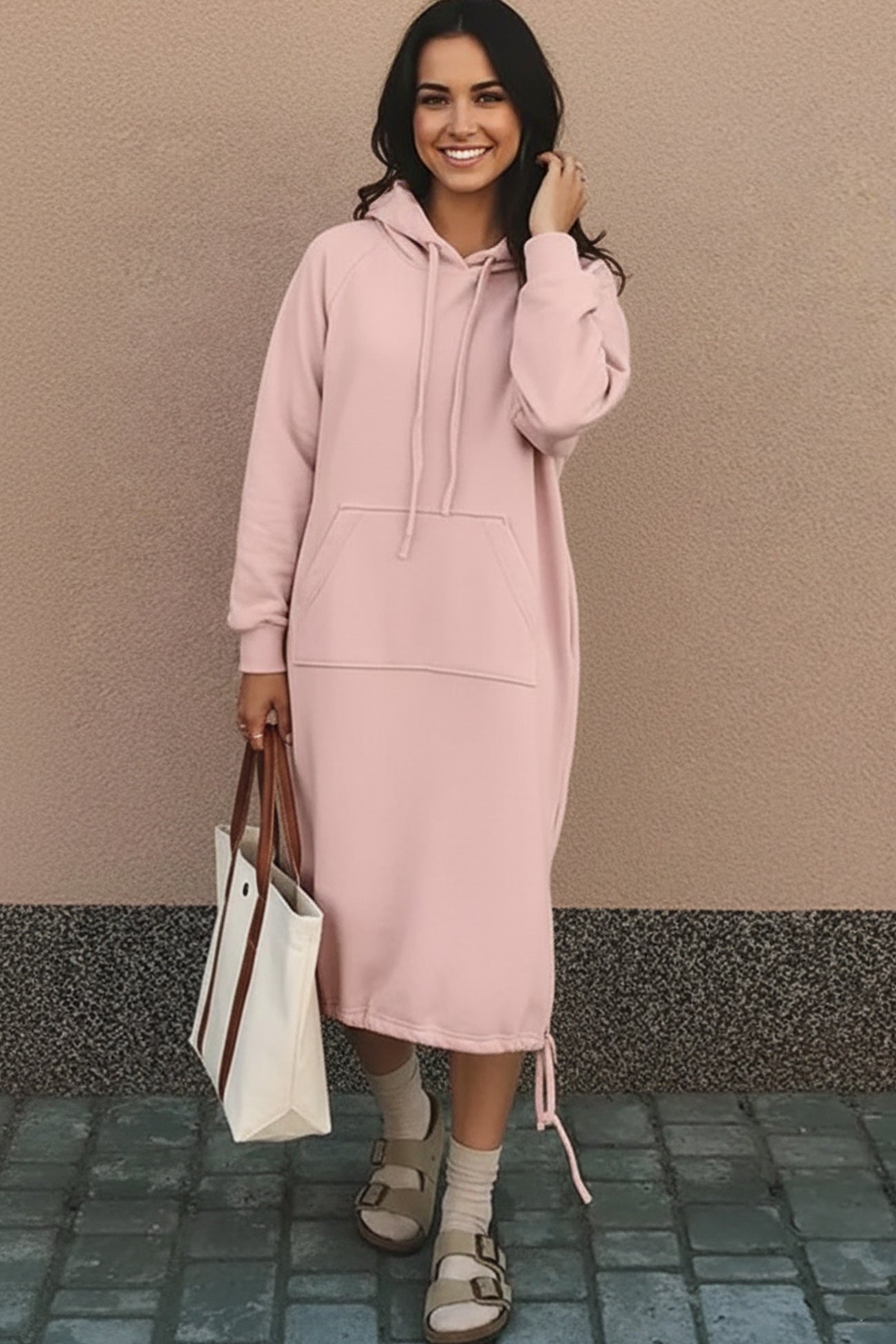Solid Drawstring Pocket Long Hoodie