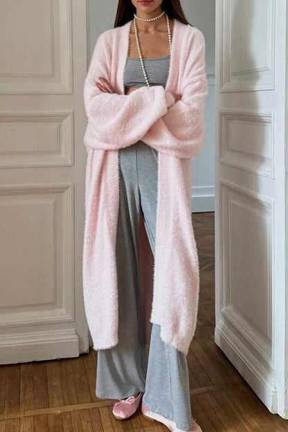 Solid Color Fuzzy Long Cardigan