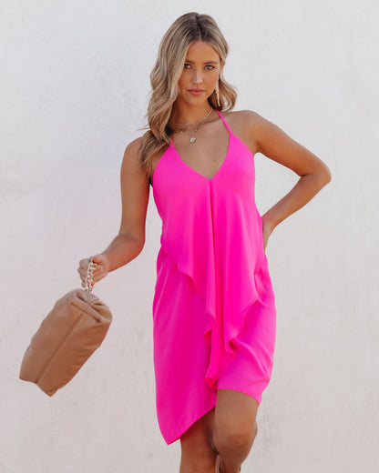 Such A Flirt Halter Ruffle Dress Hot Pink