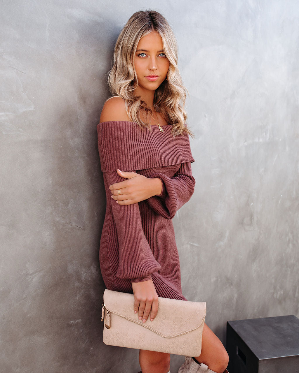 Tammy Off The Shoulder Ribbed Knit Sweater Dress Cinnamon FINAL