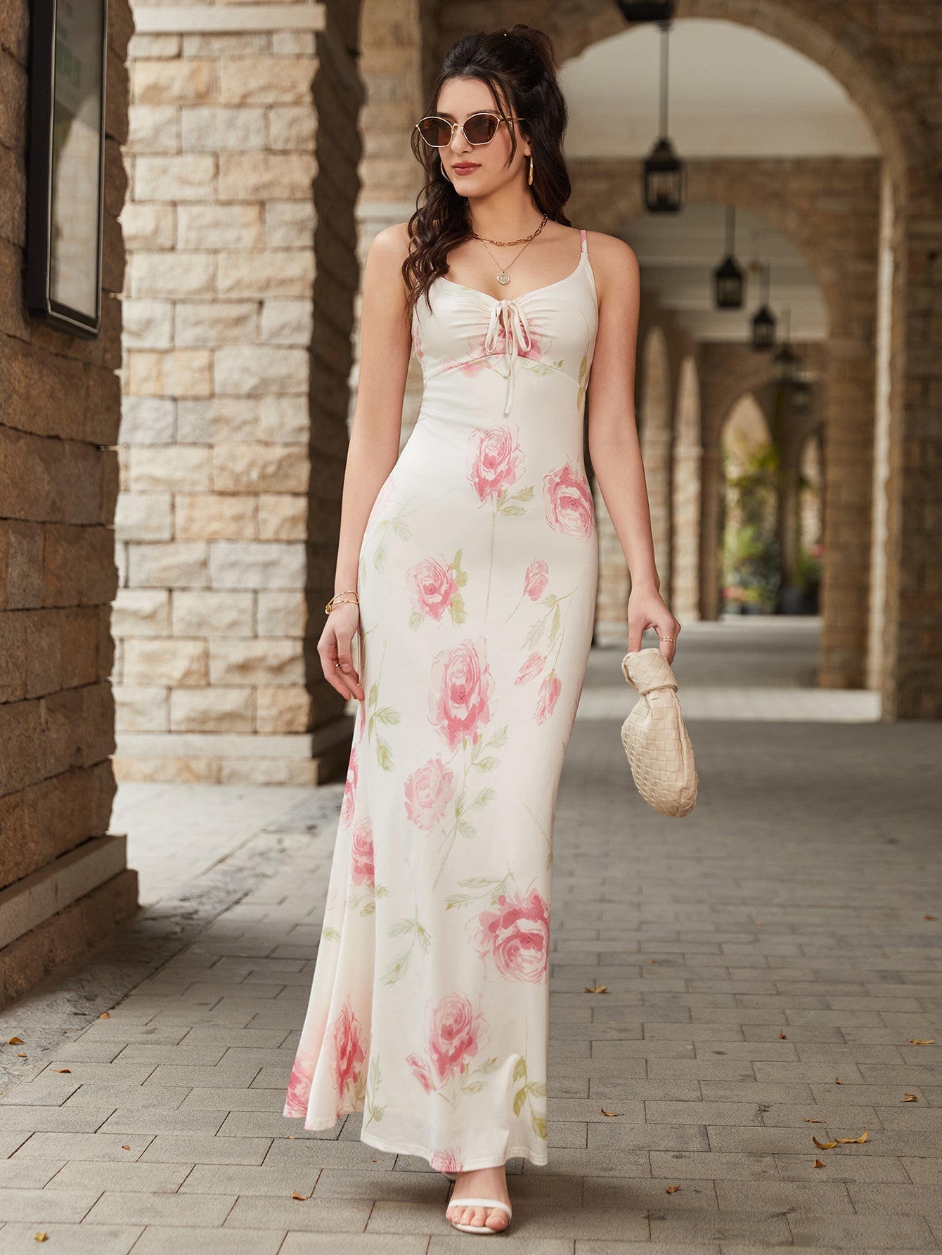 Tie Front Floral Print Bodycon Cami Dress
