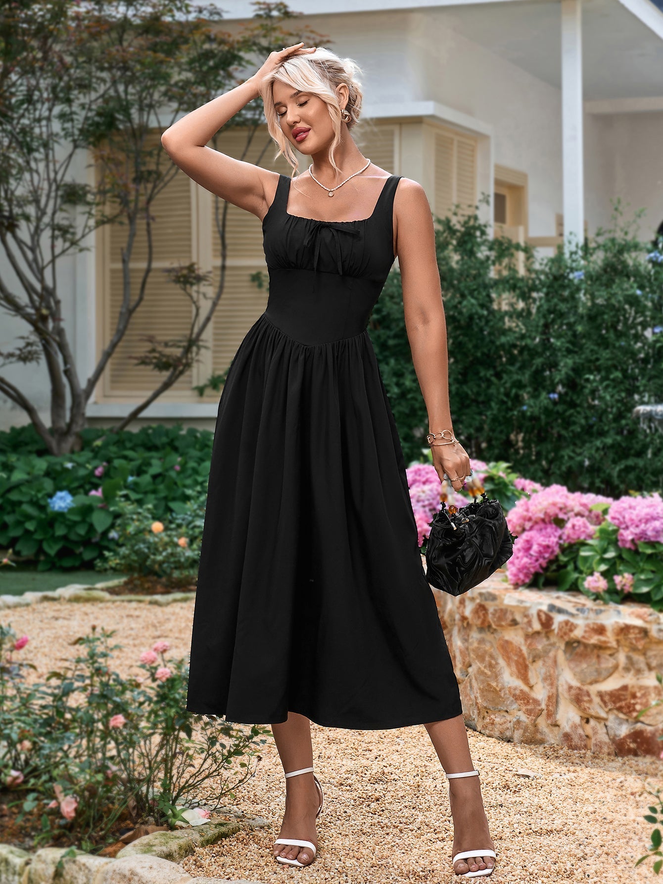 Tie Front Square Neck Shirred Ruched Sundress