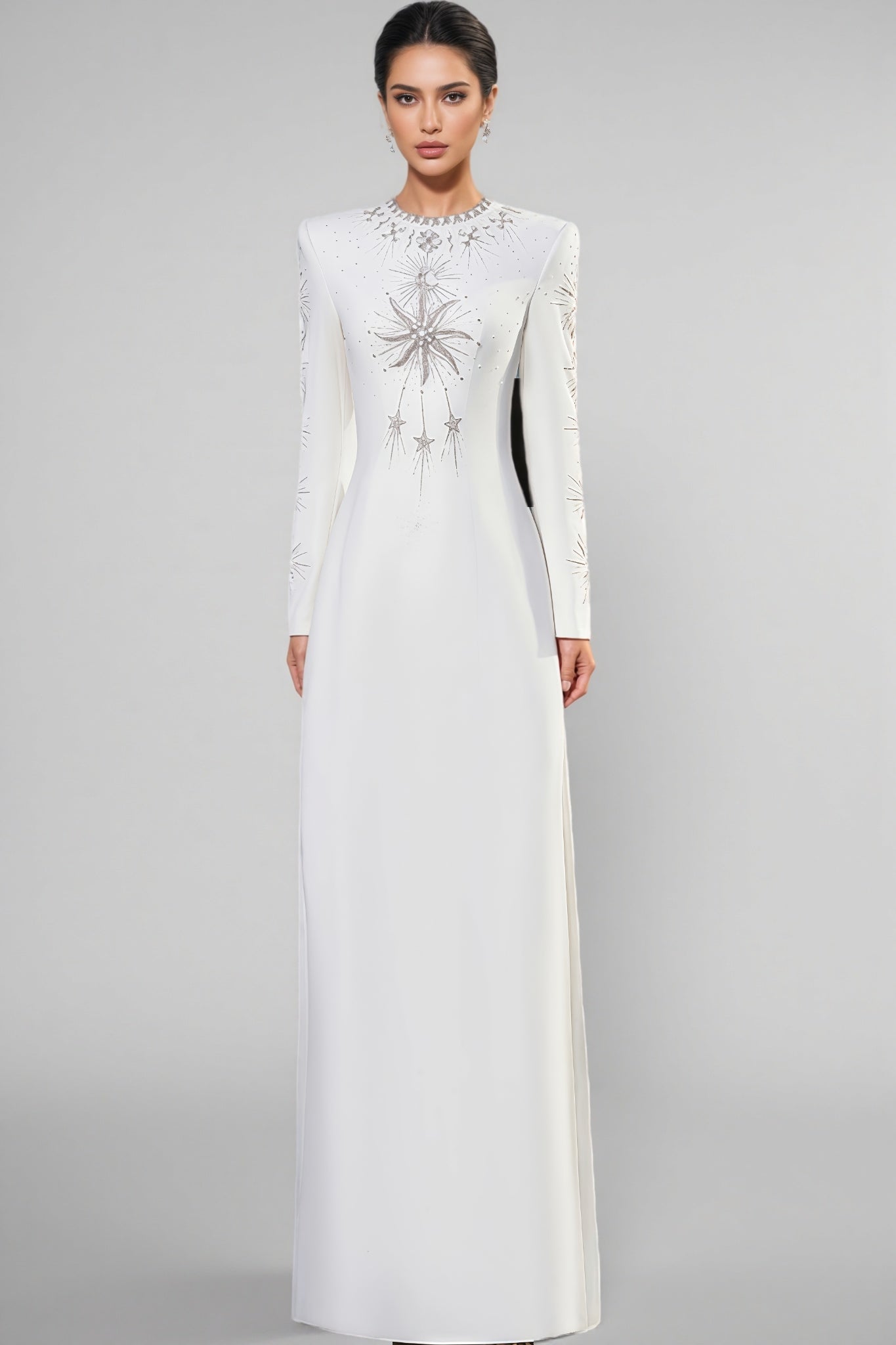 Zayden White Rhinestone Beaded Maxi Dress