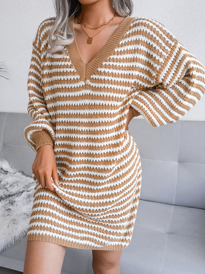 V Neck Bishop Sleeve Striped Sweater Dress
