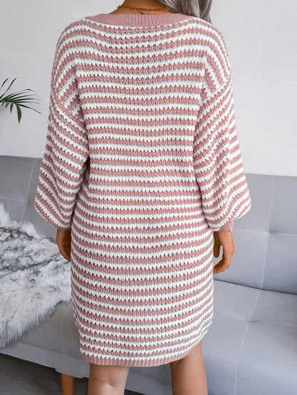 V Neck Bishop Sleeve Striped Sweater Dress