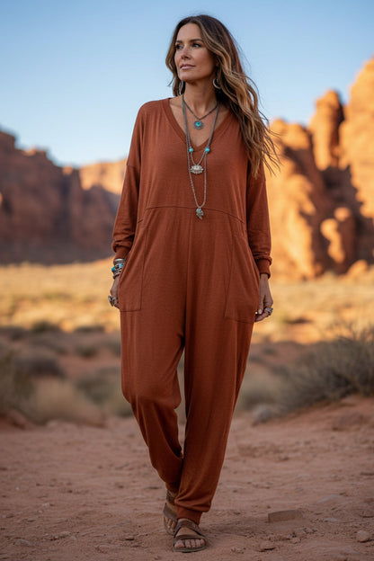V Neck Drop Shoulder Pocket Jumpsuit