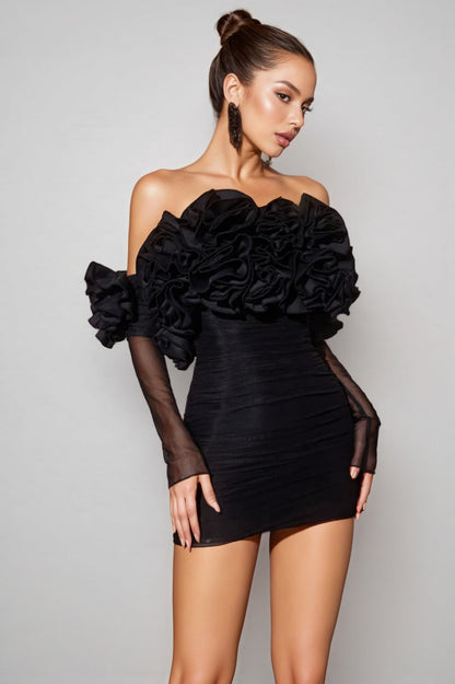 Inigo Off Sleeve Ruched Mesh Mini Dress