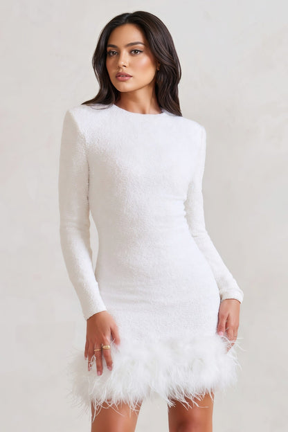 Yaliu White Sequin Feather Mini Dress