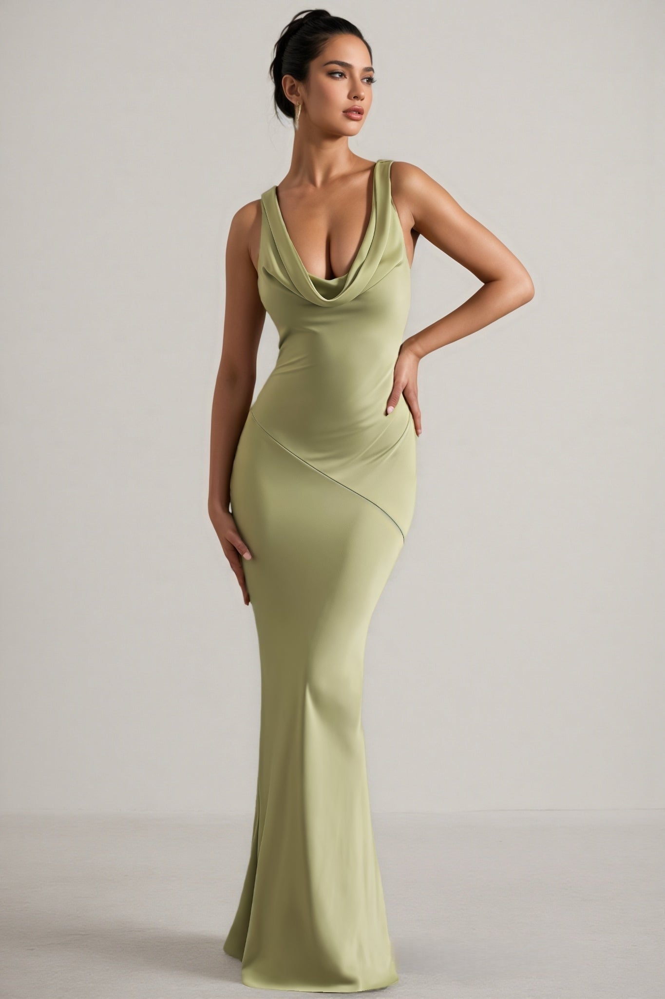 Kovty Light Olive Satin Cowl-Neck Maxi Dress