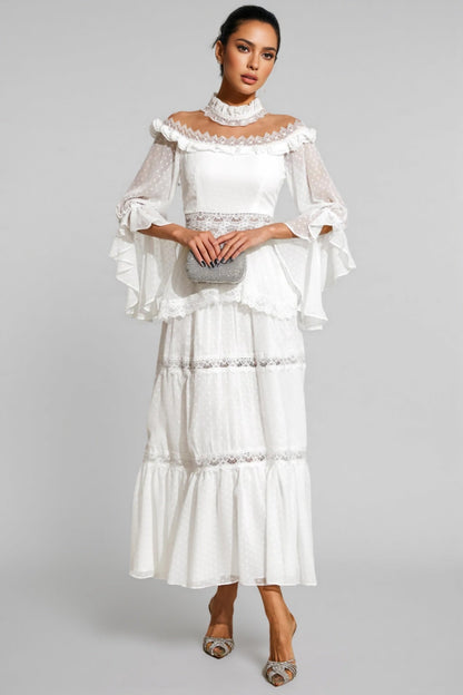 Zevon White Lace Long Sleeve Maxi Dress