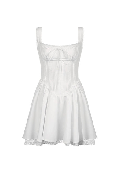 White Lace Stitching Strappy Ruched Cami Dress