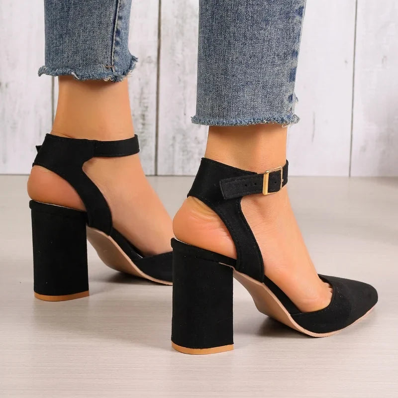 Women's Pointed Toe Highs Trend Summer New Fashion Suede Chunky Shal  Shoes Low Heel Pumps