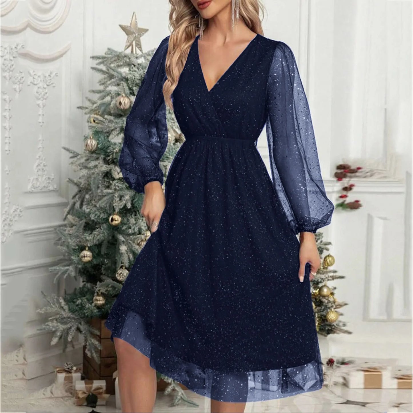 Elegant ALine Mini Evening V Neck Mesh Long Sleeve Glitter Party Club High Waist Tulle Formal Dress