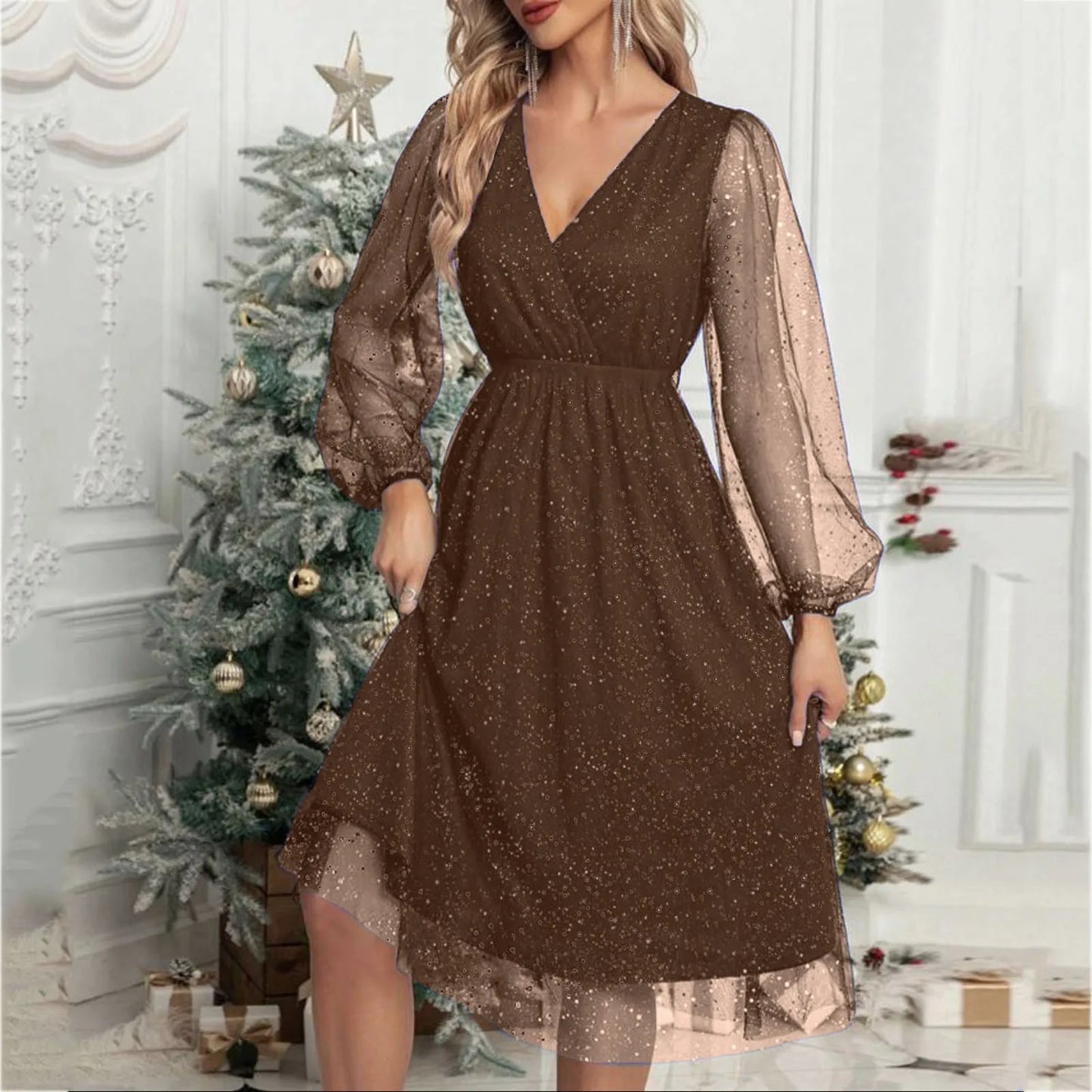 Elegant ALine Mini Evening V Neck Mesh Long Sleeve Glitter Party Club High Waist Tulle Formal Dress