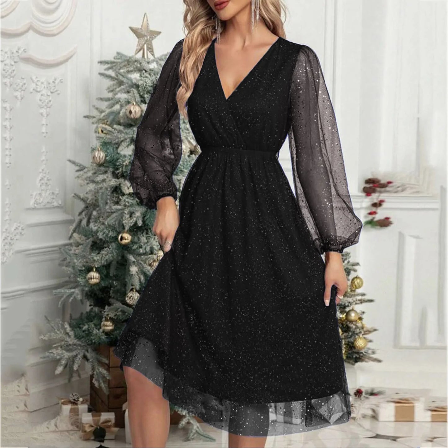 Elegant ALine Mini Evening V Neck Mesh Long Sleeve Glitter Party Club High Waist Tulle Formal Dress