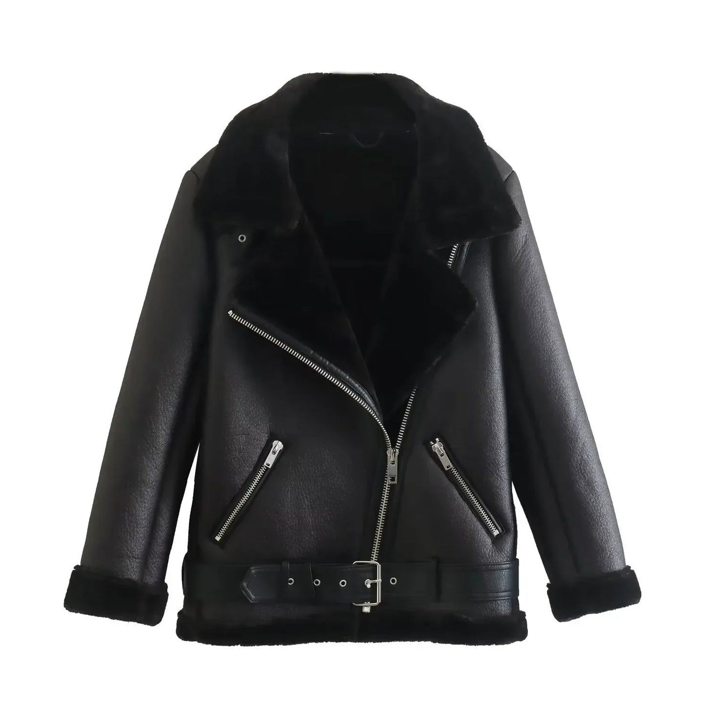 Fall Winter New Fur Integrated Thermal Faux Longsleeved Padded Warm Chic Jacket