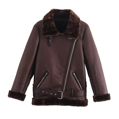 Fall Winter New Fur Integrated Thermal Faux Longsleeved Padded Warm Chic Jacket