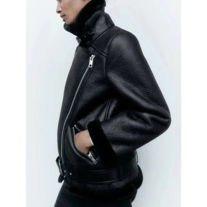 Fall Winter New Fur Integrated Thermal Faux Longsleeved Padded Warm Chic Jacket