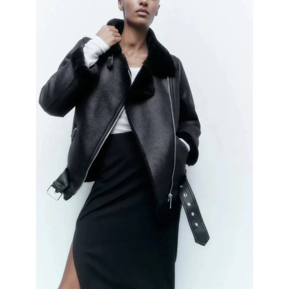 Fall Winter New Fur Integrated Thermal Faux Longsleeved Padded Warm Chic Jacket