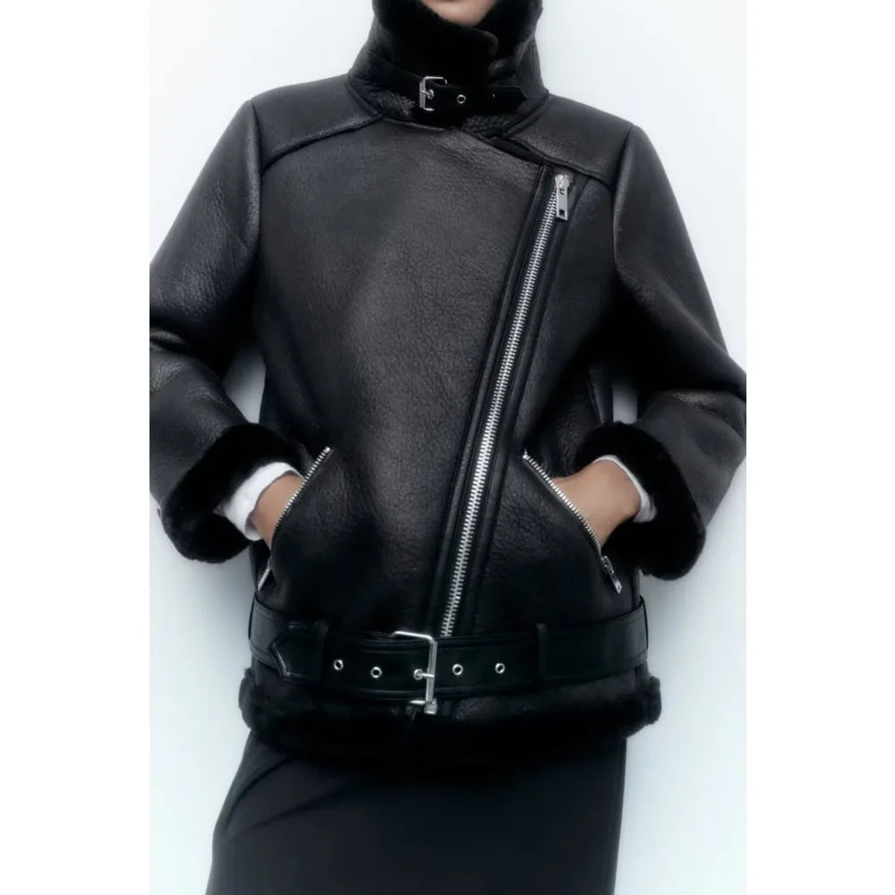 Fall Winter New Fur Integrated Thermal Faux Longsleeved Padded Warm Chic Jacket