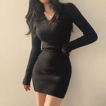 Women Knit  V-Neck Long Solid Casual  Sweater Autumn Winter Midi Dresses