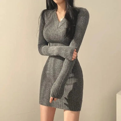 Women Knit  V-Neck Long Solid Casual  Sweater Autumn Winter Midi Dresses