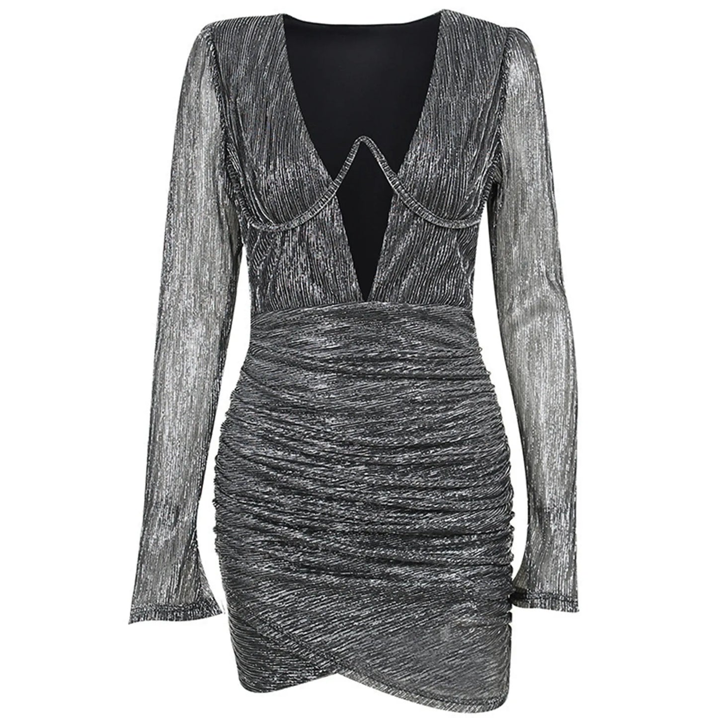 Deep V Neck Tempting Wrap Hip Solid Color Long Sleeve Bodycon Pleated Slim Mini Evening Dress