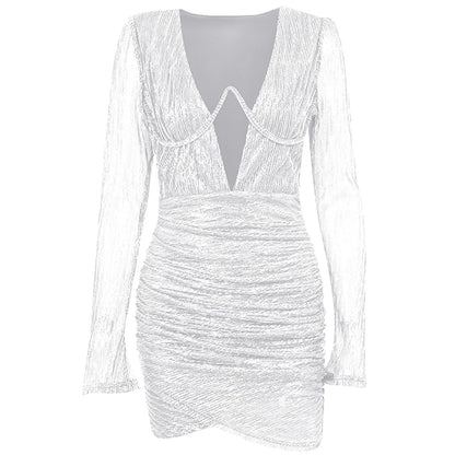 Deep V Neck Tempting Wrap Hip Solid Color Long Sleeve Bodycon Pleated Slim Mini Evening Dress