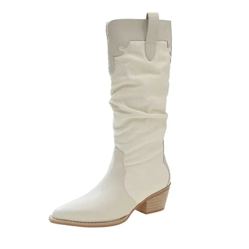 Women New Fashion Denim Vintage Pointed Pleated Platform Knee High Boots