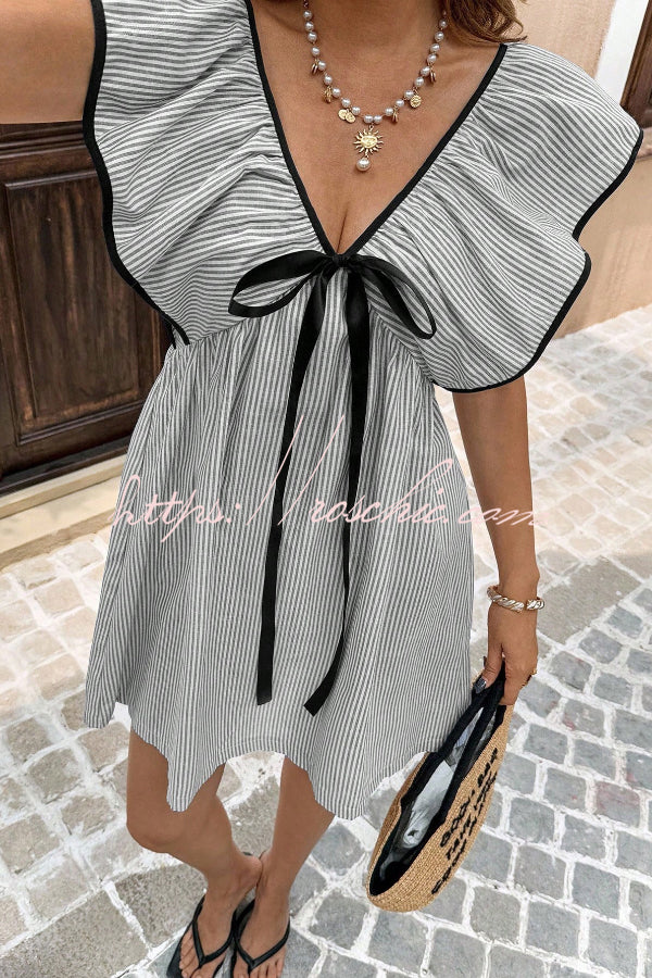 Striped Print Loose V-neck Tie Bow Casual Mini Dress