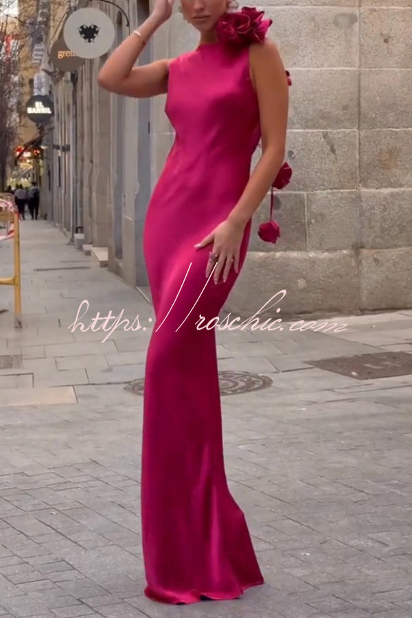 Satin Floral Embellishment Backless Elegant Slim-fit Maxi Dress