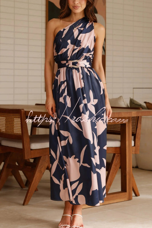 Unique Printed One-Shoulder Belt Casual Holiday Maxi Dress