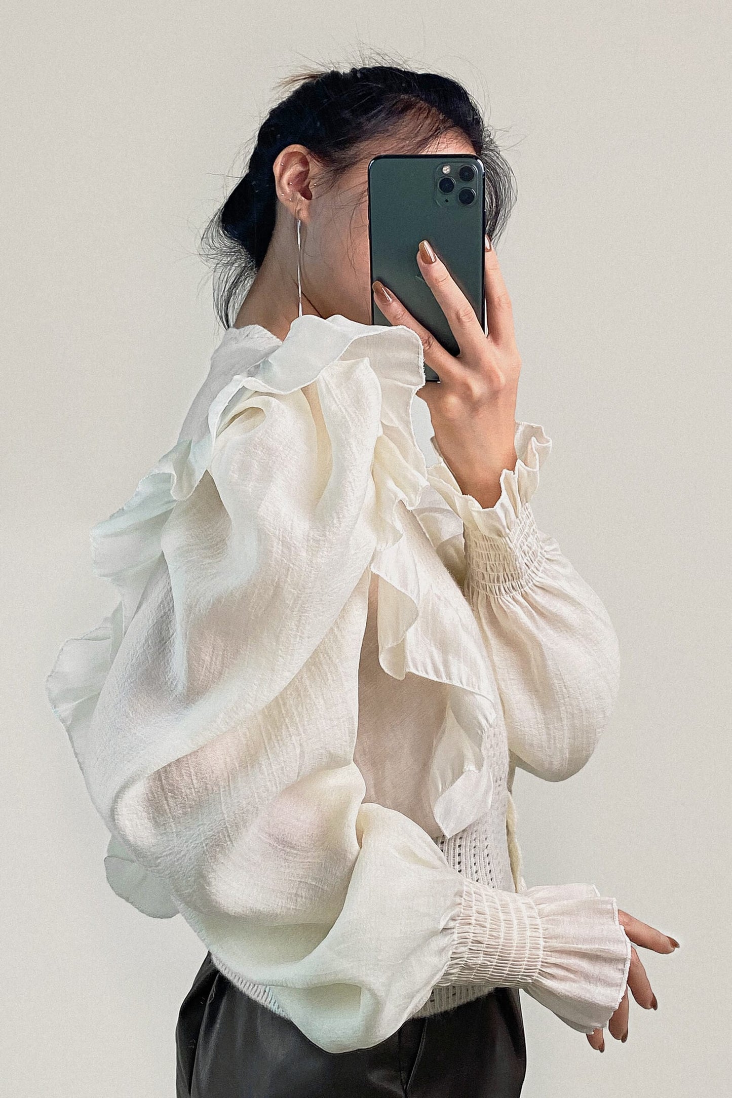 Beige Pointelle Knit Ruffled Chiffon Puff Sleeve Cardigan