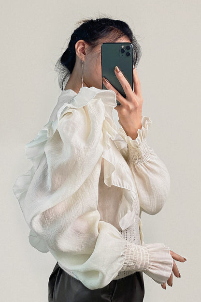 Beige Pointelle Knit Ruffled Chiffon Puff Sleeve Cardigan