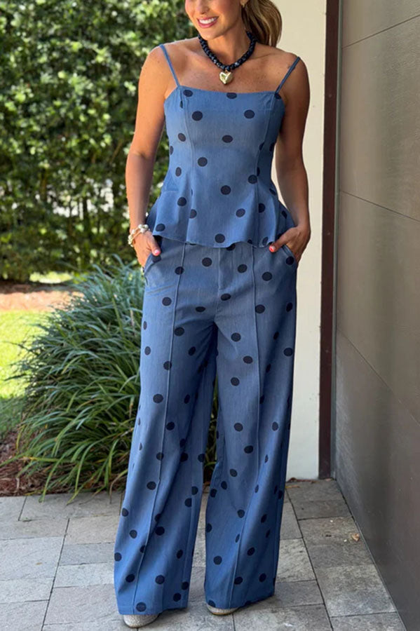 Jolene Denim Polka Dot Print Flare Hem Slip Top and Pocket Wide Leg Pants Set