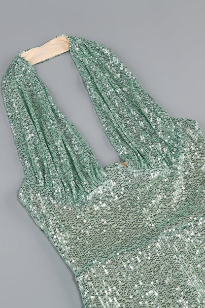 Elsinx Green Backless Sequin Maxi Dress