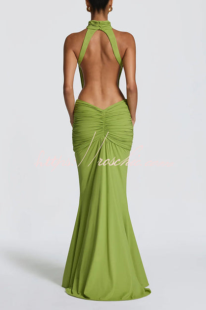 Thekla Stretch Slinky Jersey High Neck Ruched Backless Drape Maxi Dress