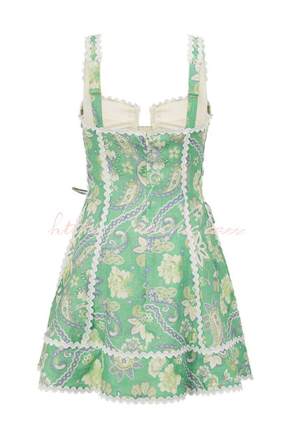 Unique Printed Serrated Trim Suspender Side Tie Vacation Mini Dress