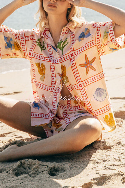 Linen Blend Shell Print Loose Short-sleeved Shirt and Elastic Waist Pocket Casual Shorts Set