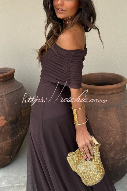 In My Arms Mesh Ruched Strapless Paneled Drape Flare Maxi Dress