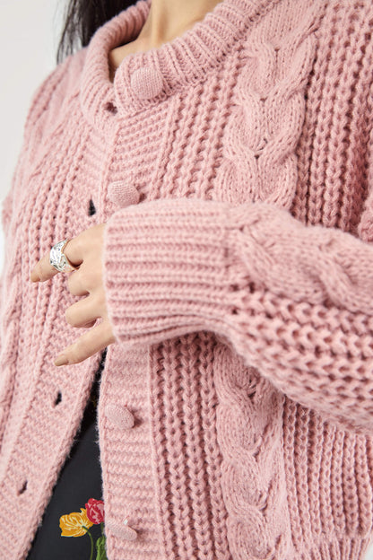 Dark Salmon Cable-Knit Button-Up Cardigan