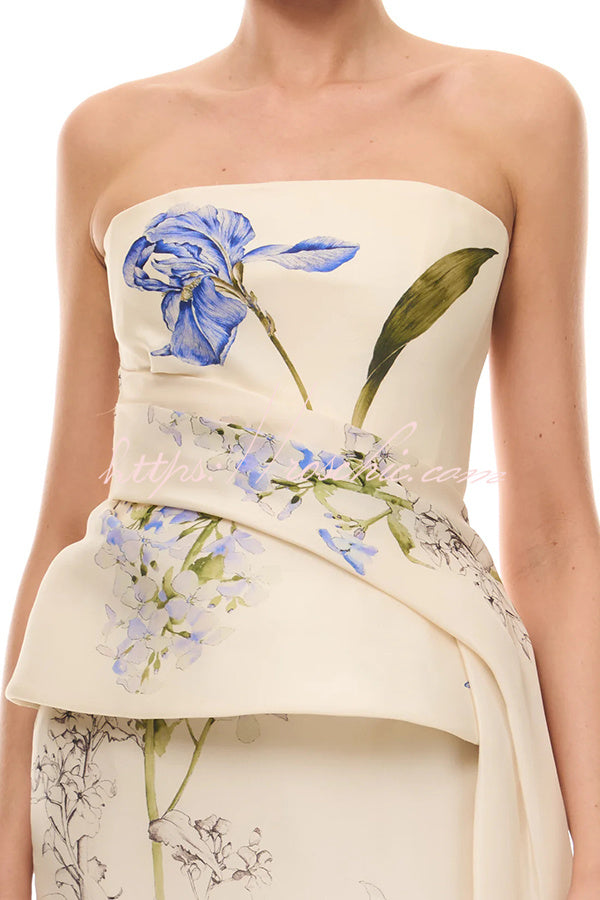 Architectural Tailor Iris Bouquet Print Strapless Draped Peplum Gown Midi Dress