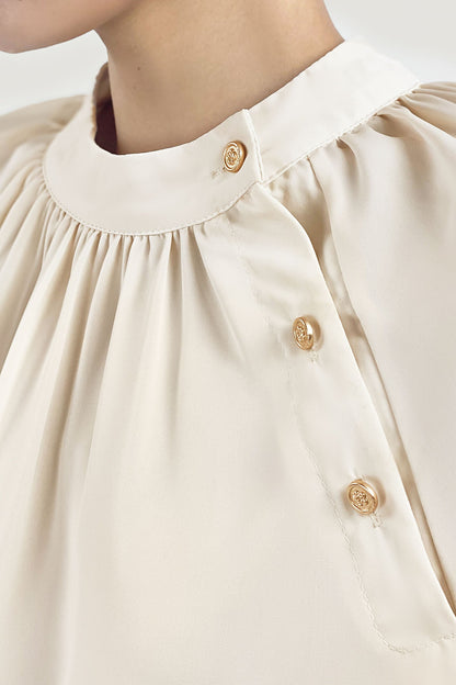 Crew Neck Button Detail Pleated Blouse