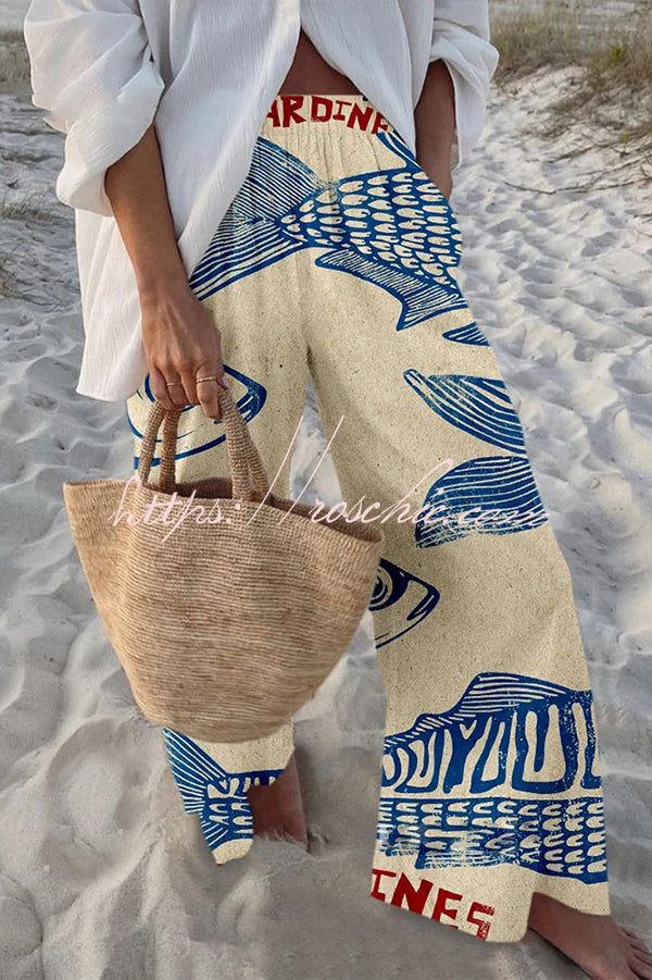 Unique Marine Print Elastic Waist Loose Pocket Pants
