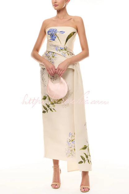 Architectural Tailor Iris Bouquet Print Strapless Draped Peplum Gown Midi Dress