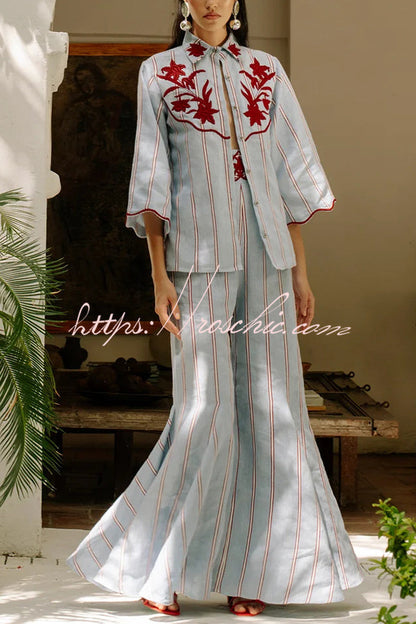 Delirio Linen Blend Floral Embroidery and Stripes Print High Rise Flare Hem Pants
