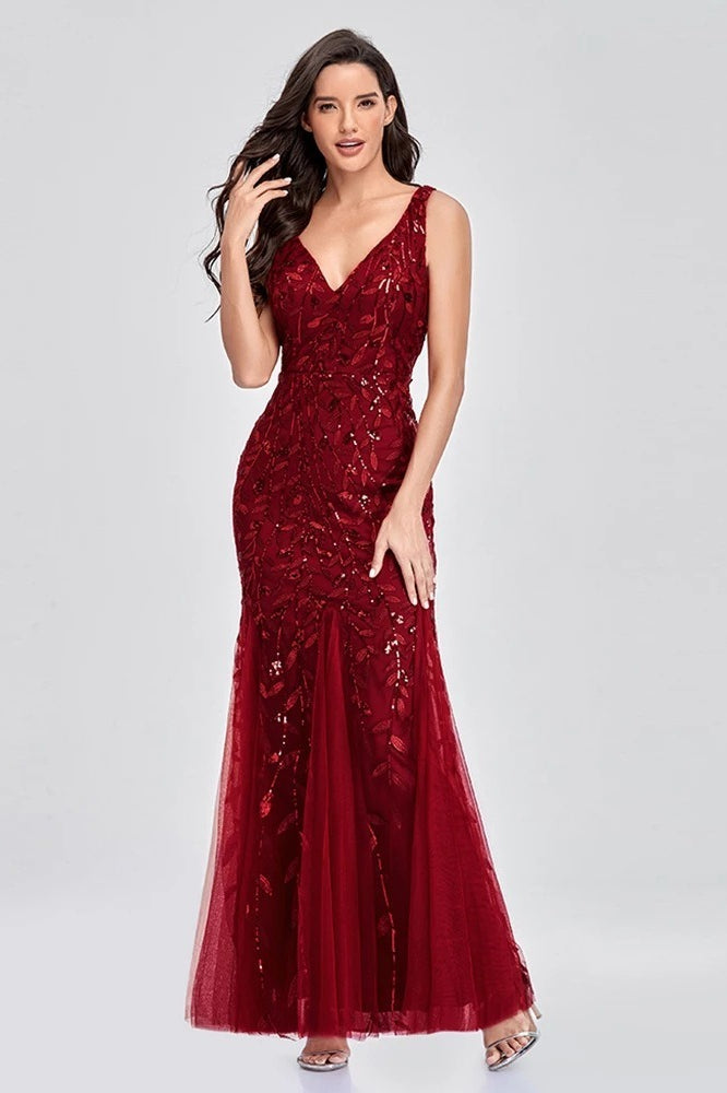 V Neck Sheer Embroidered Sequin Sexy Prom Dress
