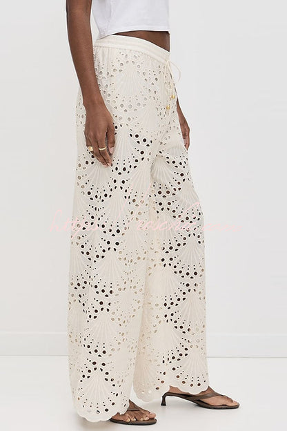Lillah Embroidered Lace Shell Pattern Elastic Waist Pocket Wide Leg Pants