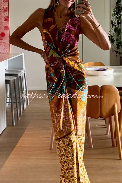 Naturally Inspired Satin Unique Floral Print Twist Waist Slit Drape Maxi Dress