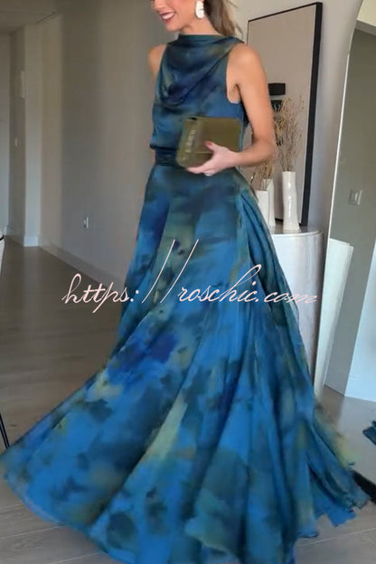 Ione Chiffon Ombr¨¦ Print Cowl Neck Top and High Rise Maxi Skirt Set with Scarf
